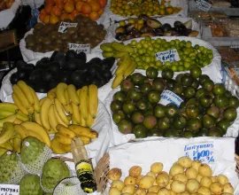 A produce market in Santiago, including the Chilean specialties Cherimoya and Lucuma.