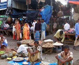 Various vendors sell food, crops, and other items.