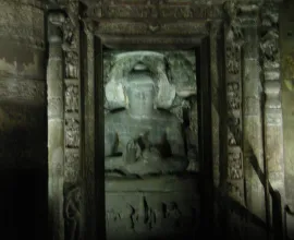 Ancient sculptures and pillars inside the Ajunta Caves.