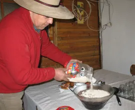 Traditional rural, “working persons” breakfast in central Chile.  It is red wine mixed with flour which you drink like a shake.