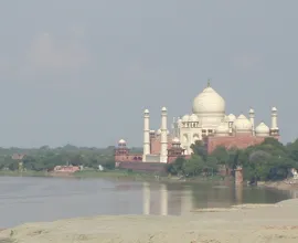 The view of the Taj Mahal from a fort in Agra.