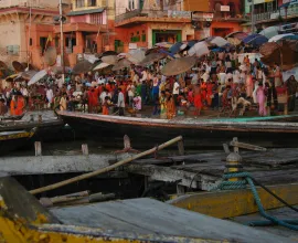 The vibrant and colorful shoreline of Varanasi.